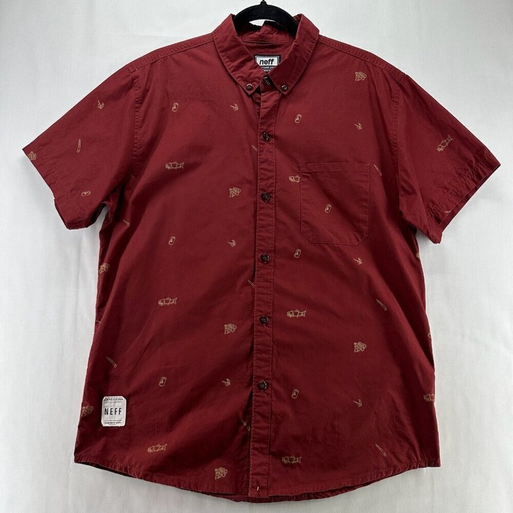 Neff Shirt Mens Size L Embroidered Button Down Short Sleeve Cotton Maroon